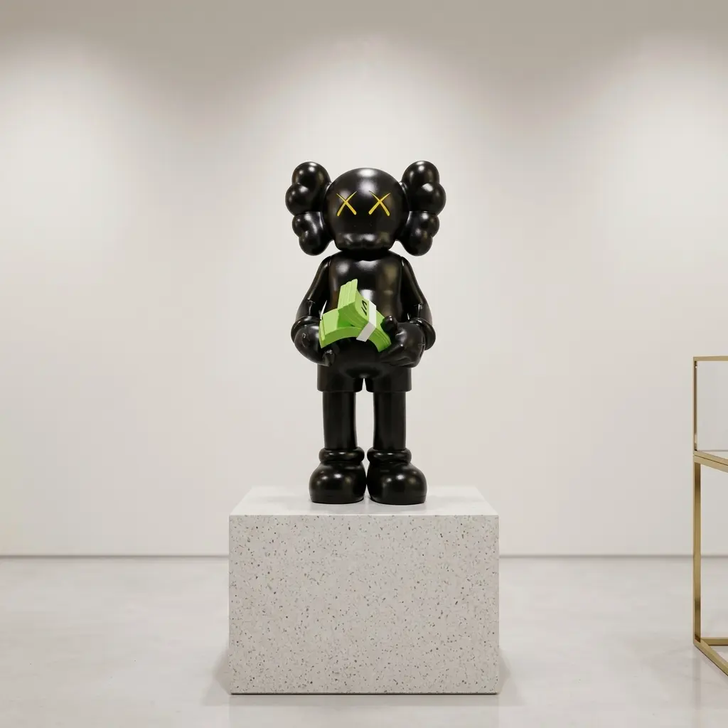 11.8 in Black Vinyl Collectible Art Toy Figure, Money Stack-Holding Home Decor Statue, Modern Streetwear Themed Shelf Display Gift for Collectors