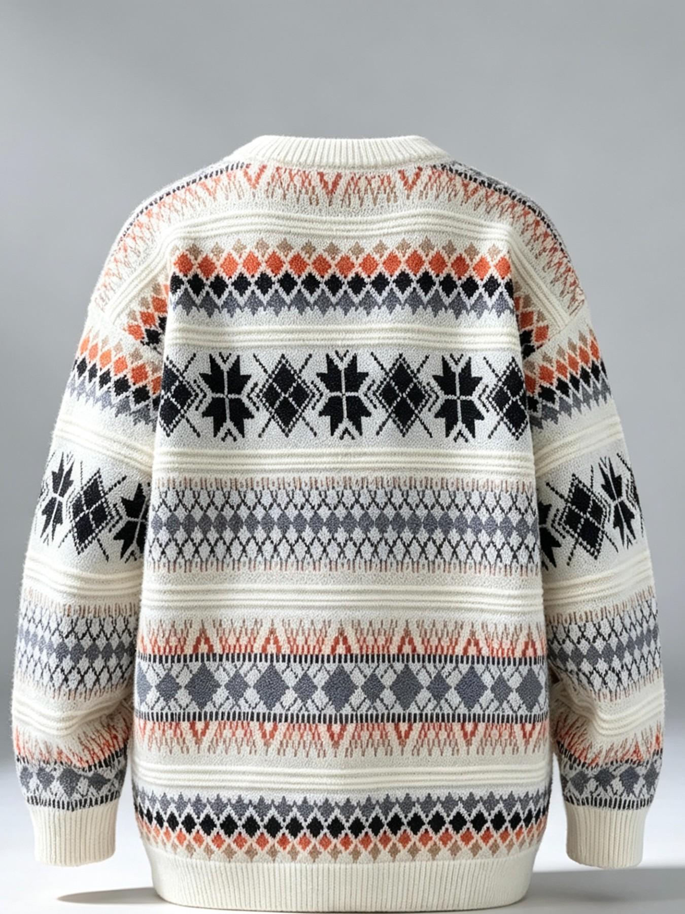 Men's Fair Isle Knit Sweater, Thick Warm Round Neck Pullover, Vintage Nordic Geometric Pattern, Fall Winter Casual Streetwear