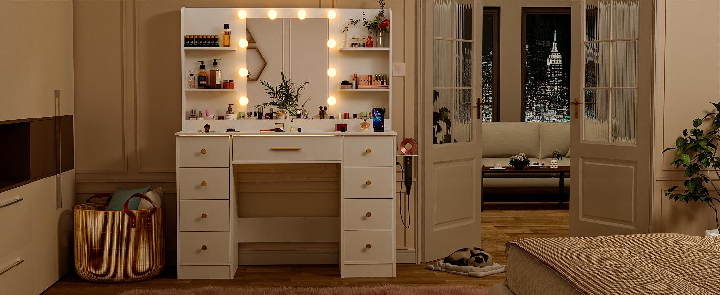 Vanity Desk, Makeup Vanity Desk with Mirror and Lights, Transparent Top with RGB Drawers, 3 Shelves, Large Tempered Cabinets, Power Outlet, for Bedroom, White Vanity Desk, Makeup Vanity Desk with Mirror and Lights, Transparent Top with RGB Drawers, 3 Shelves, Large Tempered Cabinets, Power Outlet, for Bedroom, White