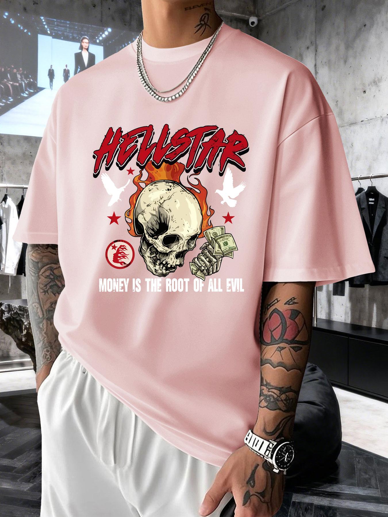 Men's Short Sleeve T-Shirt Summer Hellstar Flame Skull Dollar Print, American High Street Dark Fashion, Loose Fit Drop Shoulder Top