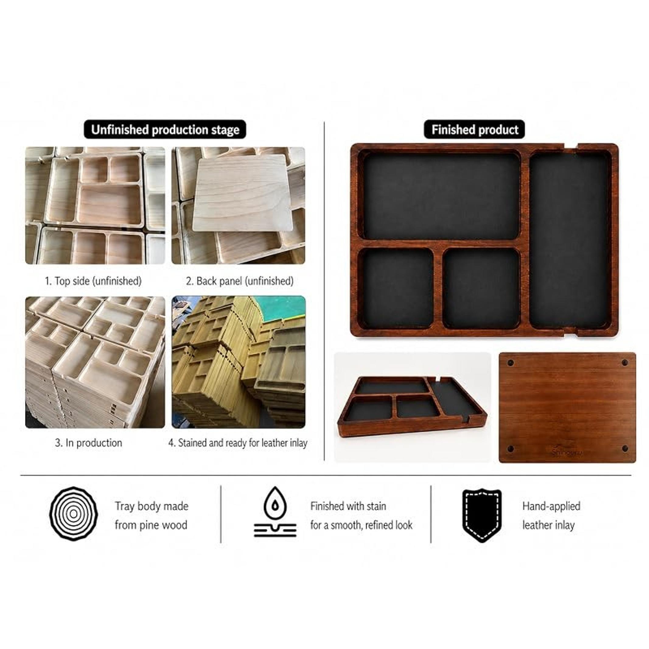 Wooden Valet Tray for Men with Leather Inlay - Nightstand EDC Catchall Organizer for Keys, Phone, Wallet, Watch, Earbuds - Bedside Desk Entryway Tray (Wood)Gift