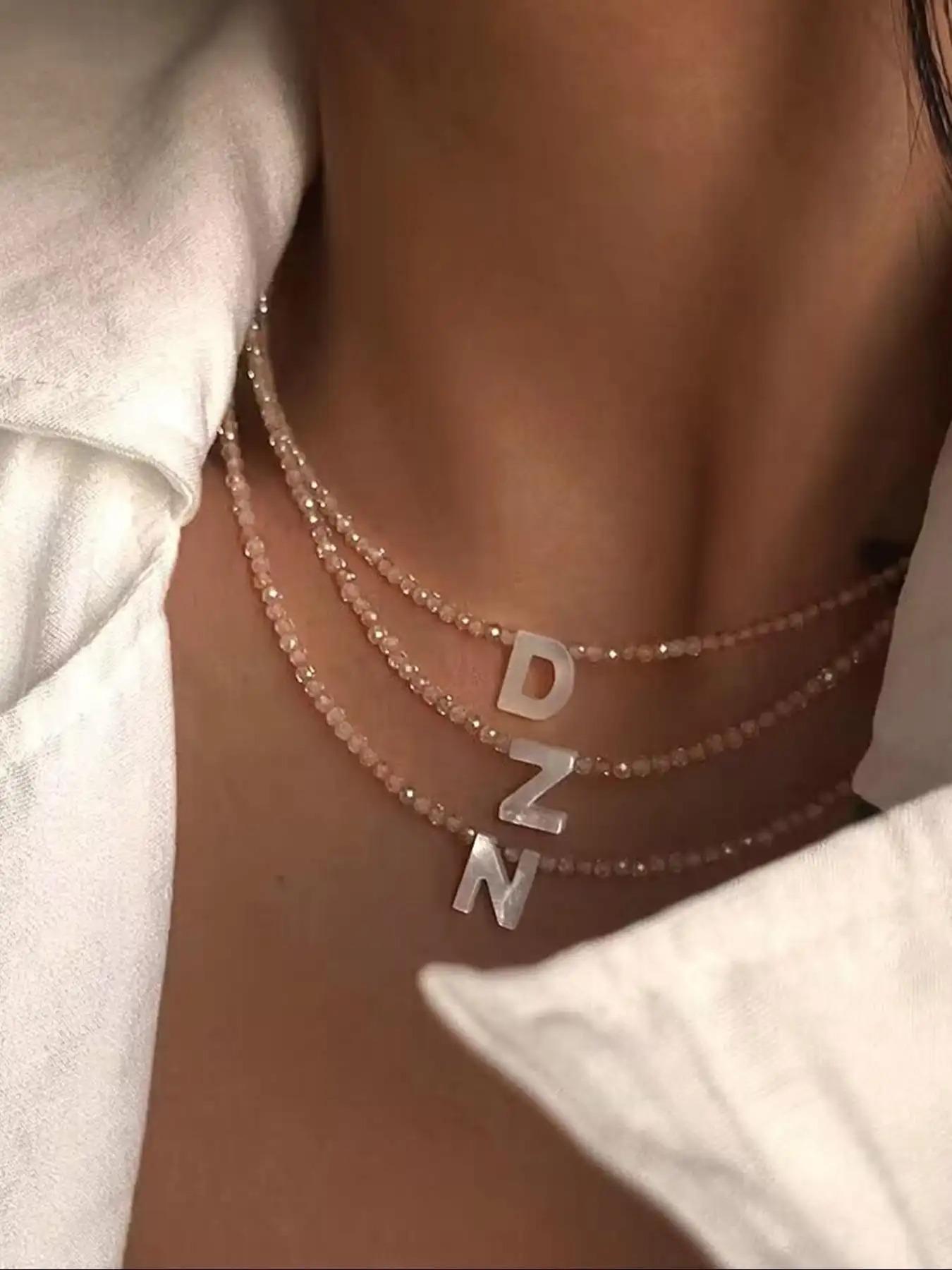 Elegant Shell Letter Pendant Necklace with Artificial Crystal Beaded Chain, Stylish Stainless Steel Jewelry, Perfect Fashion Accessory for All Seasons & Gifting