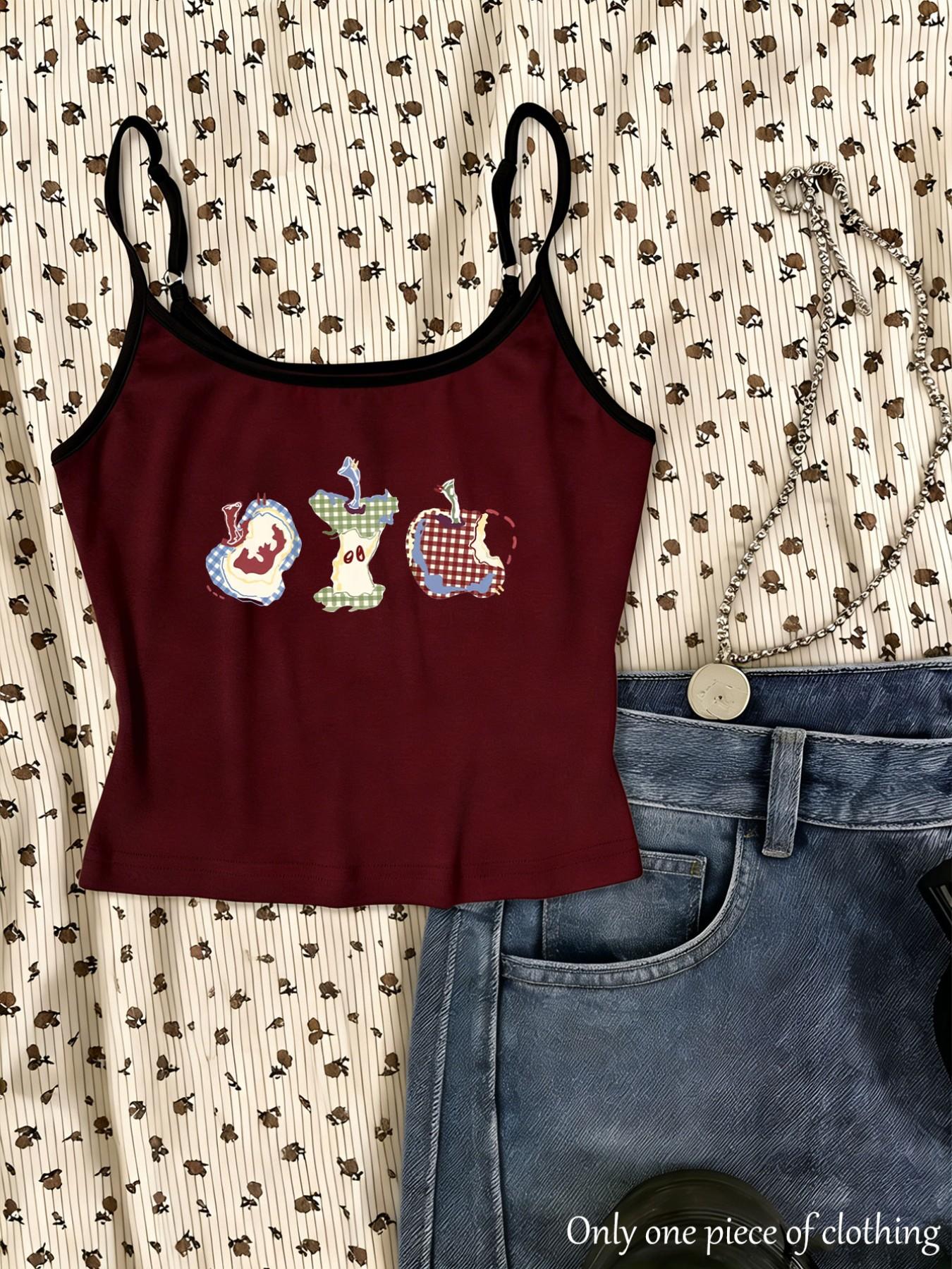 Y2K Style Apple Print Crop Top, Adjustable Shoulder Straps, Slim Fit Sleeveless Shirt, Streetwear Trendy Women's Clothing, Spring Summer New Arrival