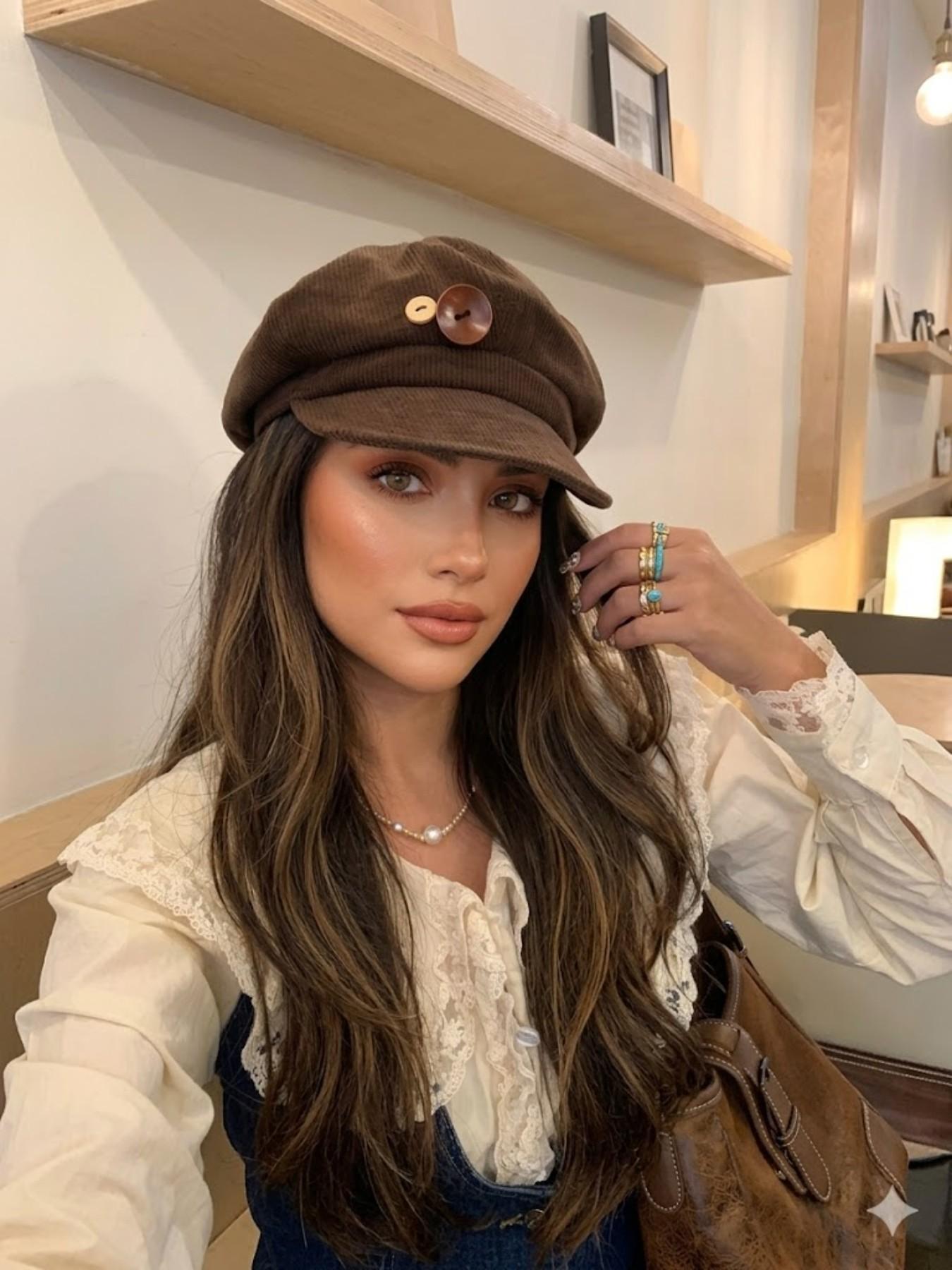 Corduroy Newsboy Hat for Women, Vintage Appeal Button Decor, Paperboy Painter Beret Cap, Japanese Y2K Style, Acubi Emo Headwear