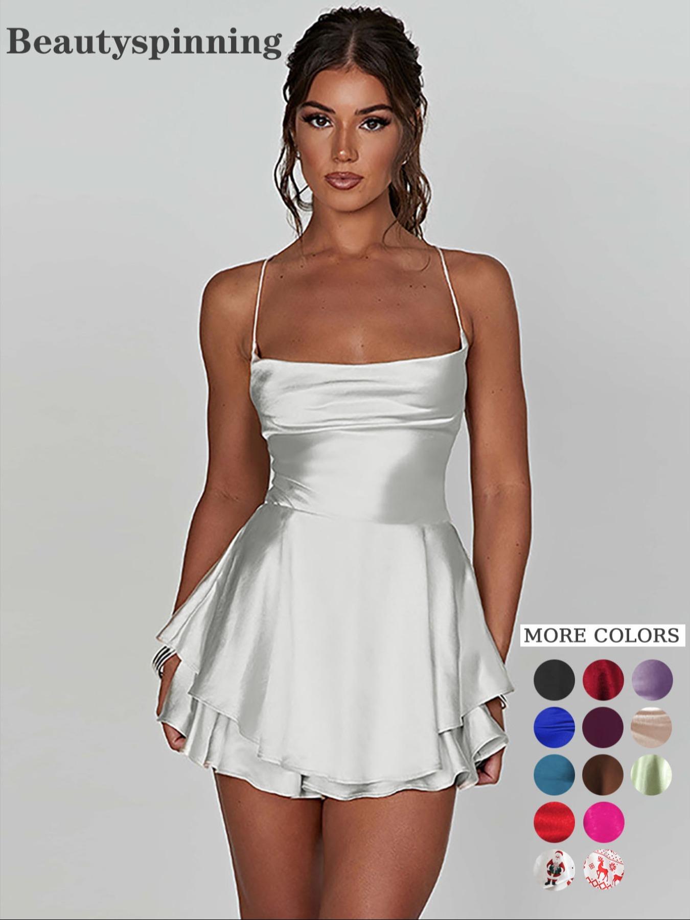 Women's Plain Lace Up Backless Tiered Layer Stretchy Satin Cami Dress, Summer Clothes Women, Elegant Cowl Neck Sleeveless A Line Short Dress for Party Holiday Wedding Guest, Dresses for Women, Bridesmaid Dresses