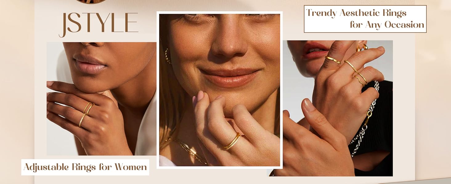 Gold Stackable Rings for Women Non Tarnish Open Adjustable Rings Cubic Zirconia Thin Thumb Silver Ring Set 14K Gold Filled Pinky Knuckle Stacking Set - Dainty Statement Promise Band Ring Sets