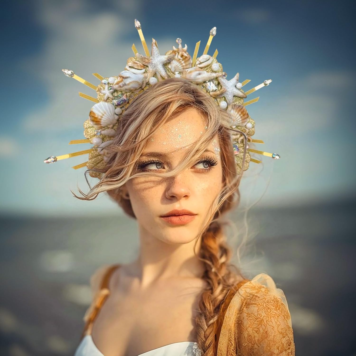Women's Gold Mermaid Seashell Crown Headband, Halo Headpiece for Cosplay, Renaissance Festival Party Accessories