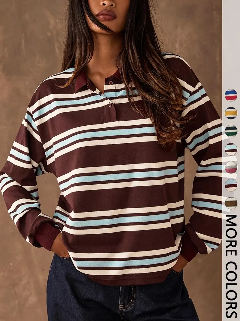 Women's Casual Colorblock Striped Long Sleeve T-Shirt, Fall Winter Fashion, Vintage Style, Fitted, Outdoors Wear, All Seasons