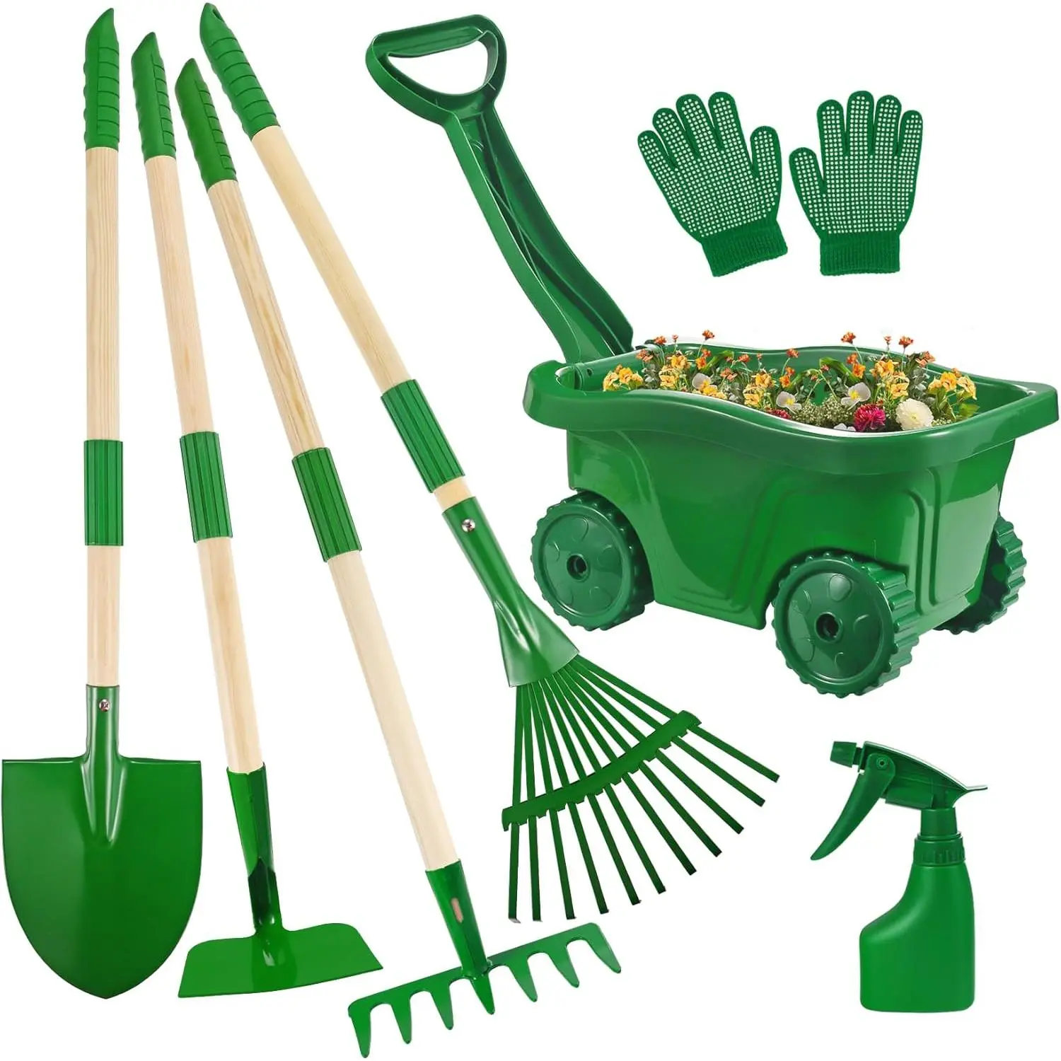 Kids Gardening Tools Set - 7-Piece Wheelbarrow Play Set for Children | Includes Shovel, Rake, Leaf Rake, Summer Outdoor Yard Digging Weeding Toy, Birthday & Easter Gift for Boys Girls Ages 2-3+