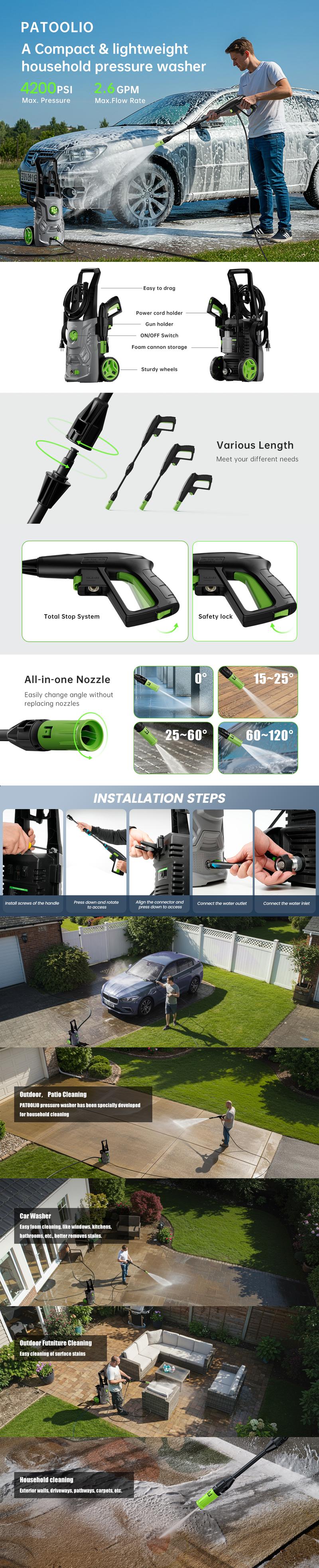 【Jumpstart Sale】Pressure Washer, Portable Power Washer, 4 Quick Connect Nozzles, High Pressure Cleaning Machine for Car Fence Driveway Patio Washing and More