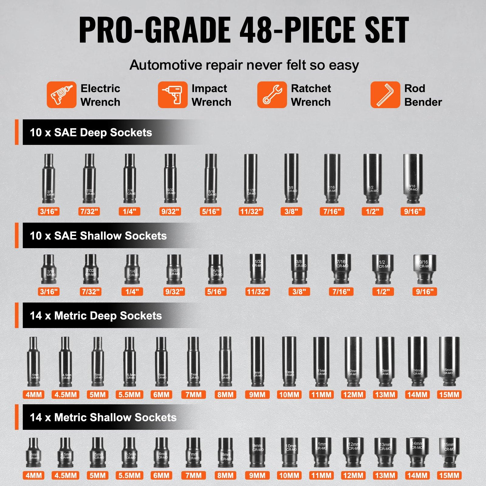 VEVOR Drive Impact Socket Set 1/4"  - 14 Piece Deep Socket Set Metric 4-15mm - 6 Point Cr-Mo Alloy Steel for Auto Repair - Easy-to-Read Size Markings - Rugged Construction - Socket Organizer
