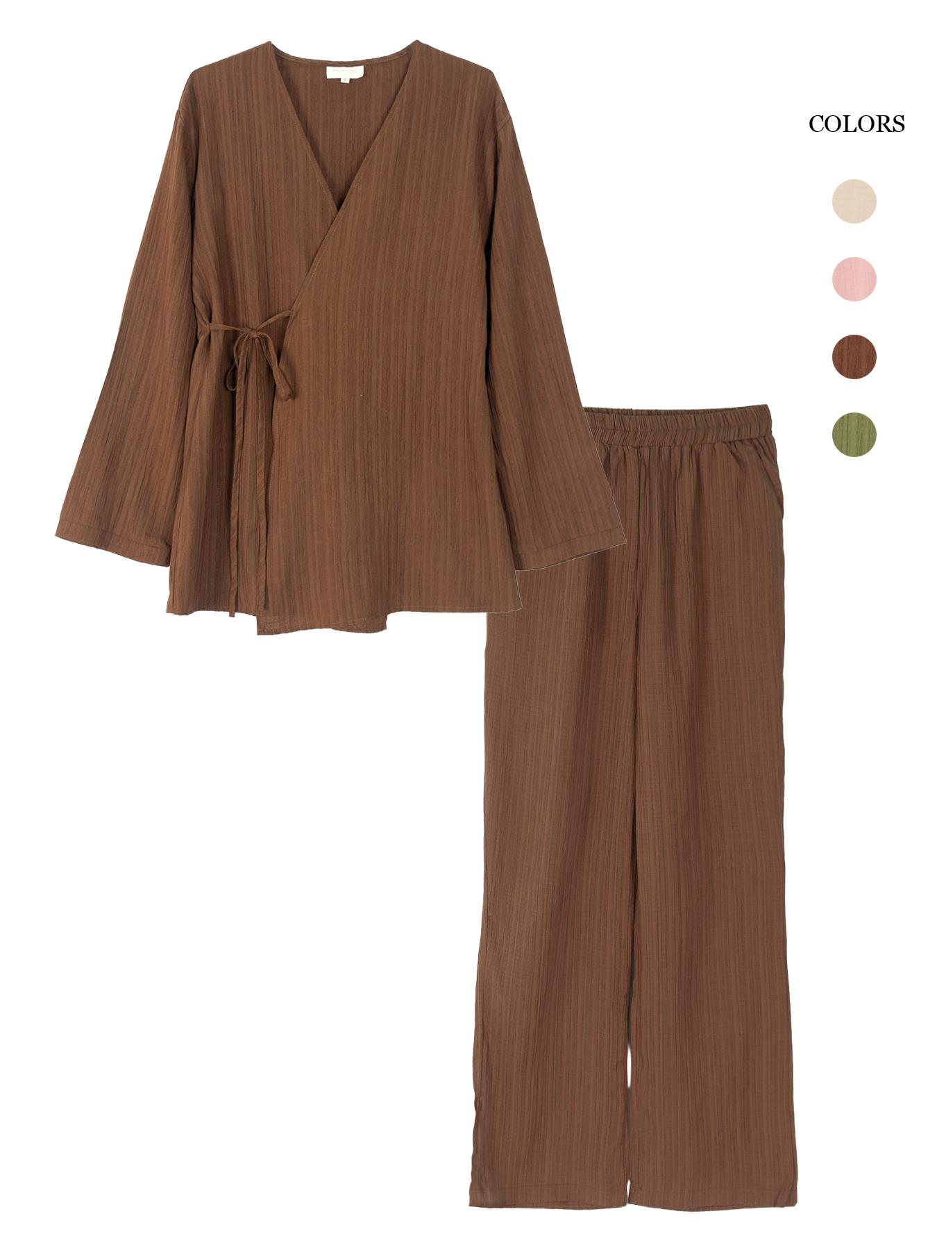 Women's Casual Loose-Fitting Tie Front Top & Pants Set, Elegant Daily Wear with Pockets, Comfortable Long Sleeve