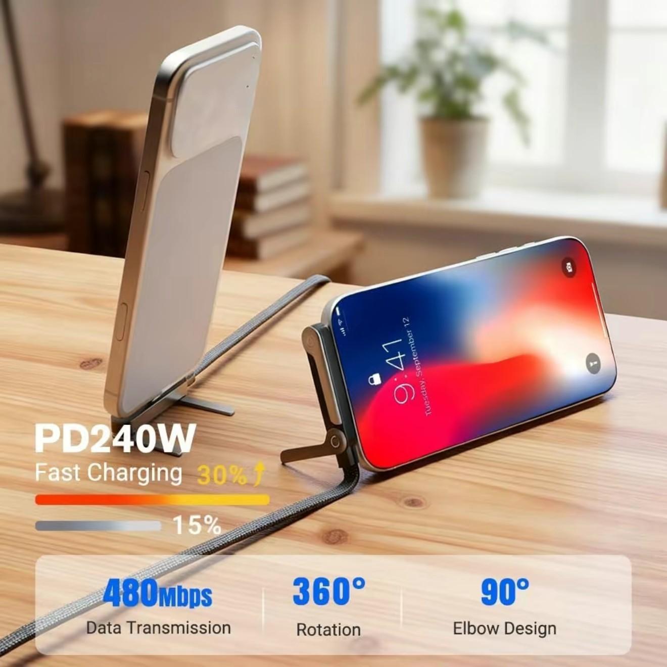 240w Gaming Mobile Phone Charging Cable, Compatible with Apple iPhone & Huawei, Fast Charge Data Line, Dual-Function Charger, Electronic Cellphone