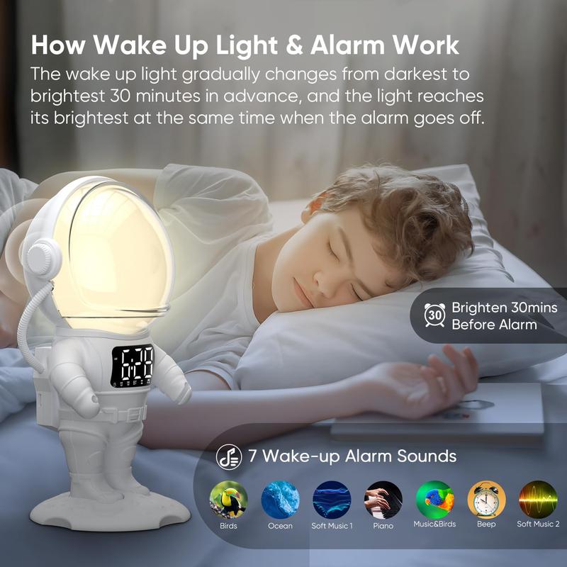 Astronaut Wake Up Light Sunrise Alarm Clock for Kids, Heavy Sleepers, Bedroom, Gradual Sunlight Alarm Clock with Sunrise Simulation, 21 Sleep Sounds, Dimmable Bedside Lamp with Timer, Boys Gifts Idea Decor speaker bluetooth