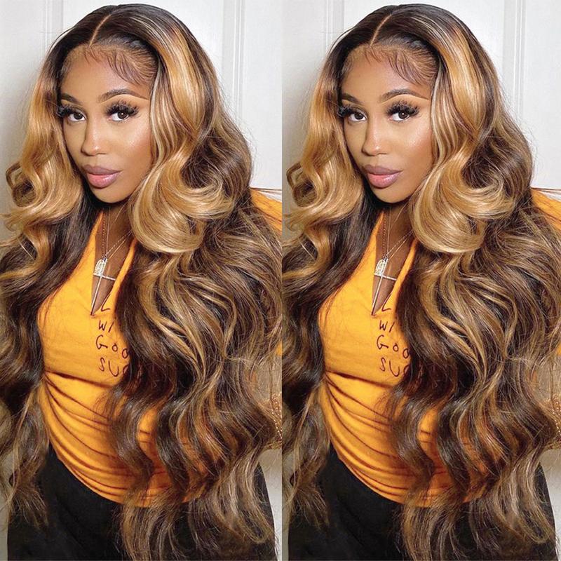 QUANDIAN FB/27 Balayage Highlight Lace Front Wig Human Hair Pre Plucked 210% Density 13x6 HD Lace Virgin Human Hair Body Wave Ombre Wig Springtok