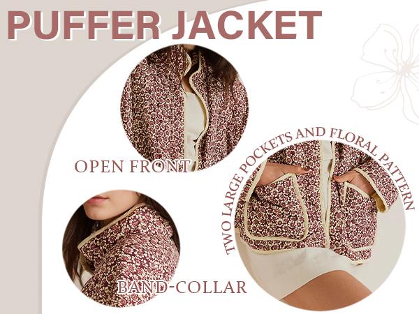 Songling Women's Cropped Puffer Jacket Lightweight Floral Printed Open Front Quilted Coat Winter Warm Outwear Outerwear Cardigans in Cotton Material Womenswear Comfy