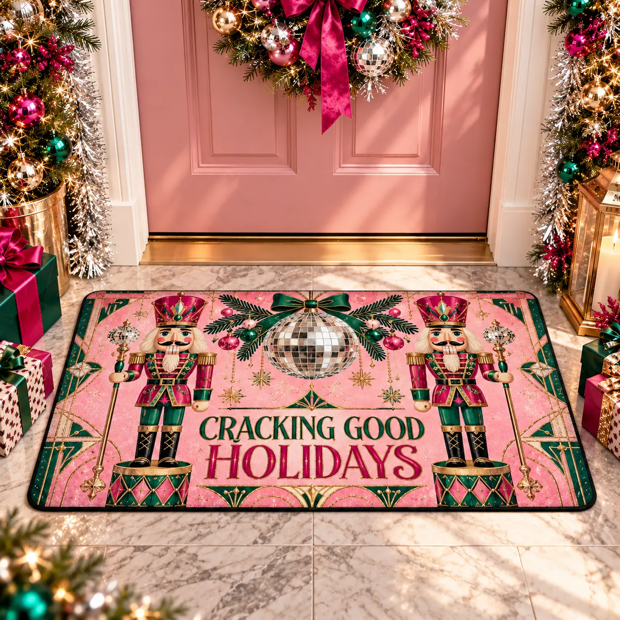 Pink Nutcracker Christmas Doormat, Cracking Good Holidays Disco Ball and Bow Print, 18x30 or 20x36 Inch PVC Mat with Black Non-Slip Backing, Playful Holiday Entryway and Front Porch Decor