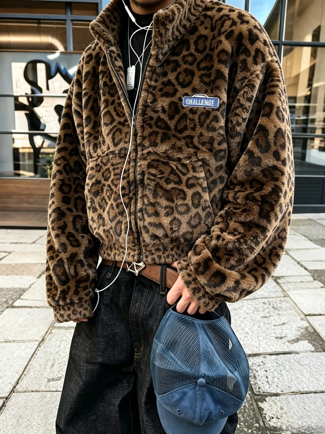 Men's Leopard‑Print Cropped Zip‑Up Jacket, Oversized Drop‑Shoulder Retro Top, Hip‑hop Trendy Outerwear For Party Check‑in & Street‑Style Looks