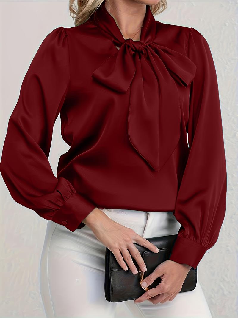 Elegant Satin Blouse with Bow Tie Neck, Fitted Casual Shirt for Work and Dates, Chic Spring & Fall Wardrobe Essential