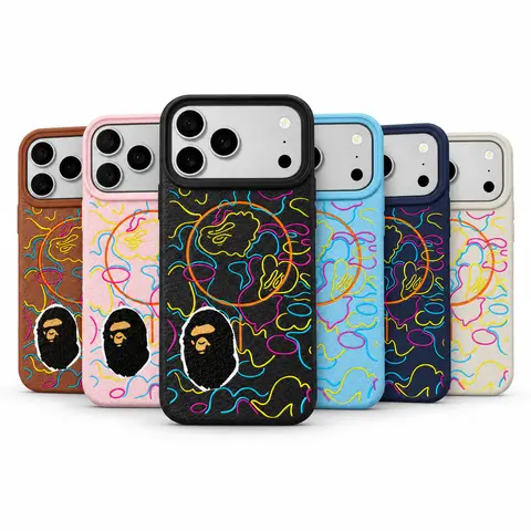 BAPE Streetwear Neon Colors Ape Art Faux Leather Phone Case - Shockproof Protective Case for iPhone Series