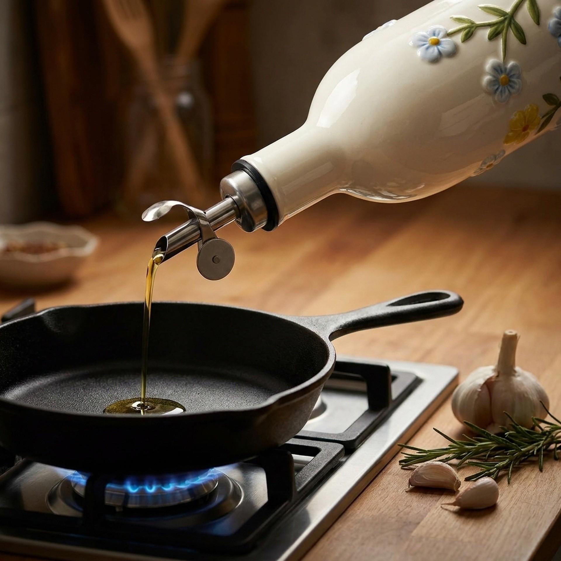 Rustic Wildflower Ceramic Oil Bottle, Automatic Flip Lid, Adjustable Spout, Ideal for Salad Dressing & Daily Cooking