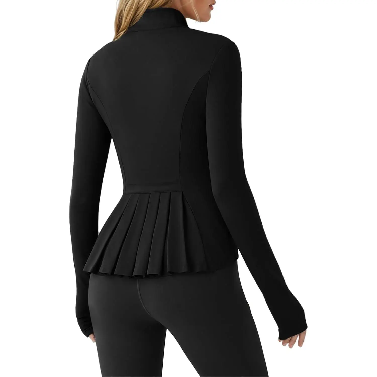 Women's Pleated Lightweight Zip Up Workout Jacket Slim Fit Stand Collar Thumb Hole Tops with PocketsGift