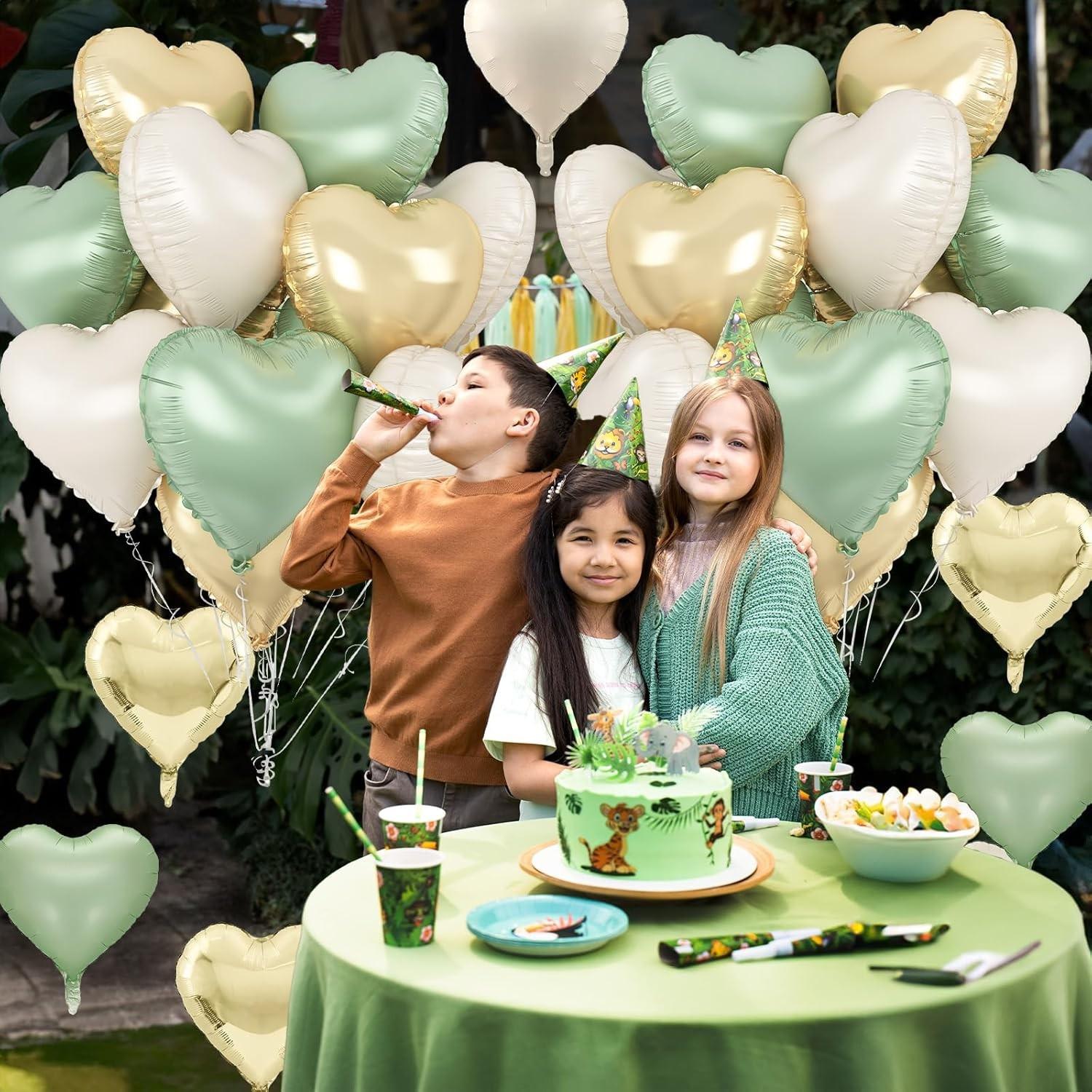 Green gold heart-shaped balloons, 12 green gold heart-shaped aluminum foil balloons with 2 accessories, 18 inch green cream white heart-shaped foil balloons, suitable for jungle, forest, birthday, wedding, baby party, party decoration