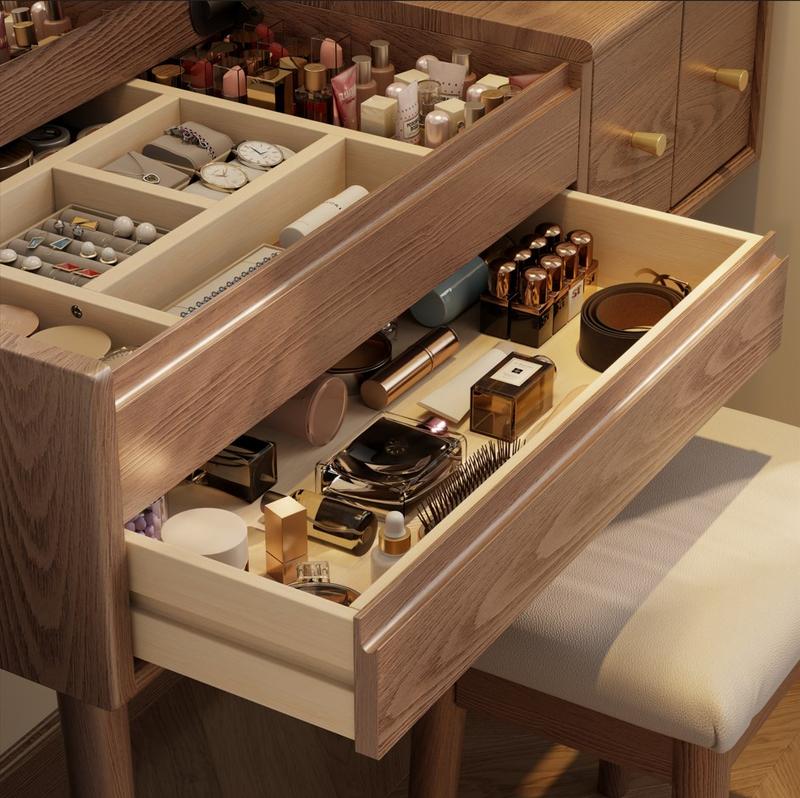 【Eco-Friendly】Elegant Handicraft Vanity, 100% Solid Wood - NO MDF, with Mirror and Lights, Dressing Vanity Table, Large Wooden Make Up Vanity Table for Bedroom (with Adapter)