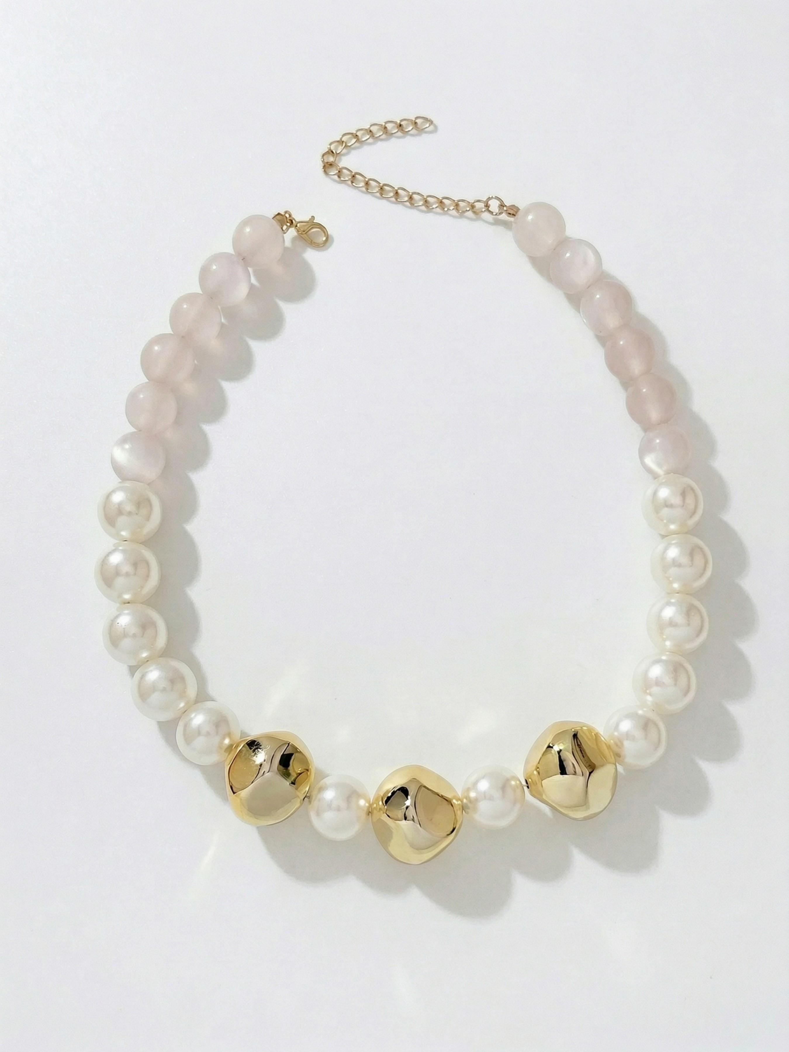 French Vintage Imitation Pearl Necklace, Hammered Gold Bead Accent, Elegant Women's Jewelry, Gift Box Included, All Seasons Wear