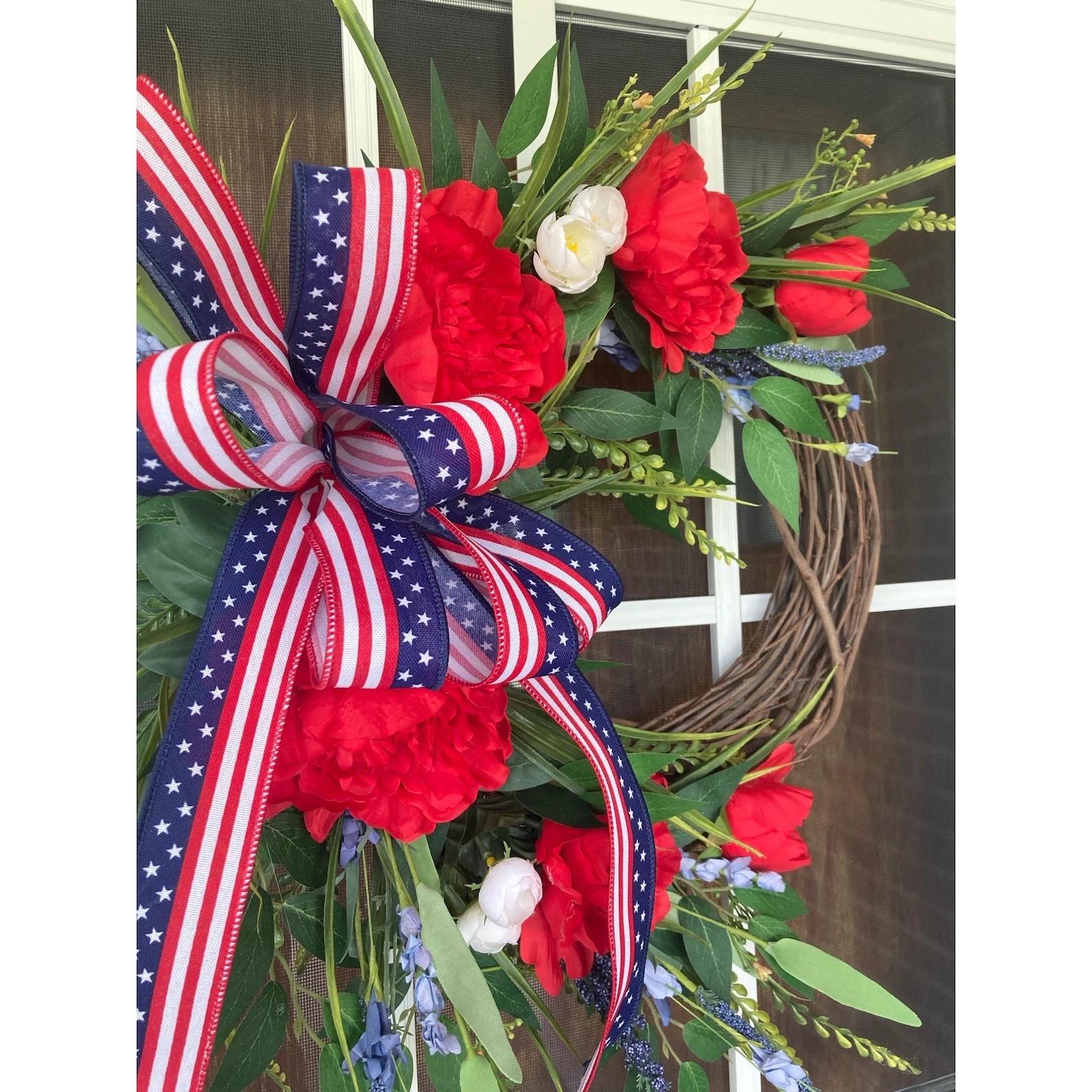Patriotic July 4th Wreath, Peony and Mixed Flowers with Patriotic Bow, Independence Day Farmhouse Porch Decor, Artificial Floral Arrangement