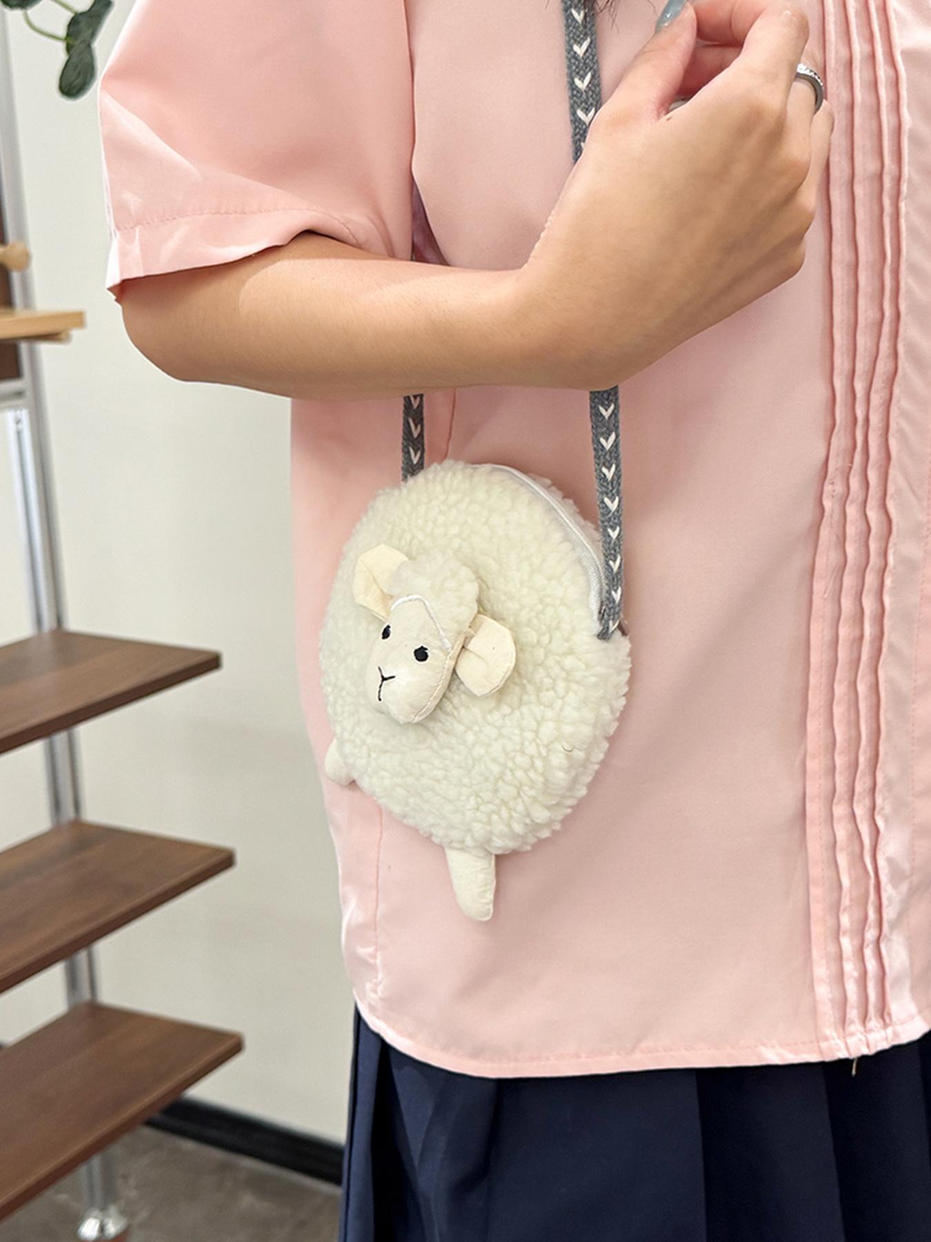 Cute Plush Mini Shoulder Bag, Sheep Head Design, Zippered Pouch for Lipstick, Earphones, Coins, Perfect Gift for Girls, Students, Office Use