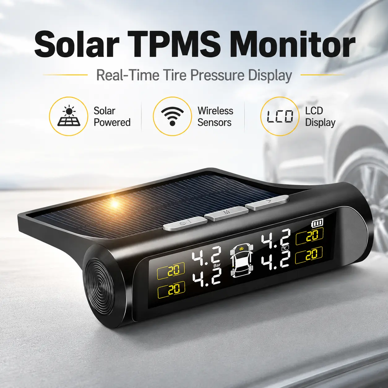 Solar-Powered Wireless TPMS Tire Pressure Monitoring System with Digital LCD Display, Real-Time Pressure and Temperature Alerts for Cars, SUVs, Trucks and Automotive Safety