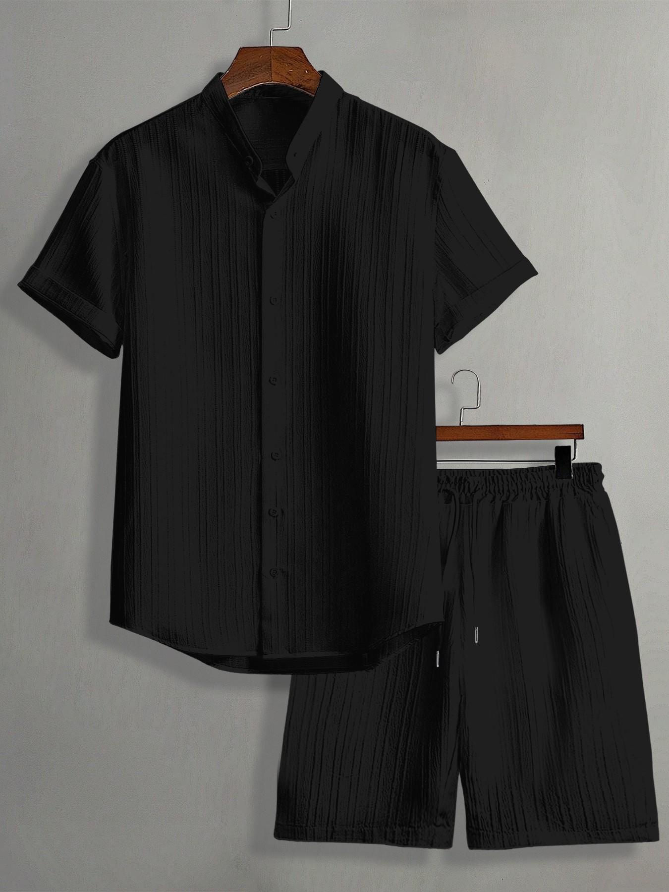 Men's Textured Stand Collar 2-Piece Outfit Set | Black/White/Grey Color Options | Short Sleeve Button Shirt + Drawstring Waist Shorts | Soft Breathable Fabric | Perfect for Summer Casual Outings, Streetwear & Smart Casual Style | Essential Set
