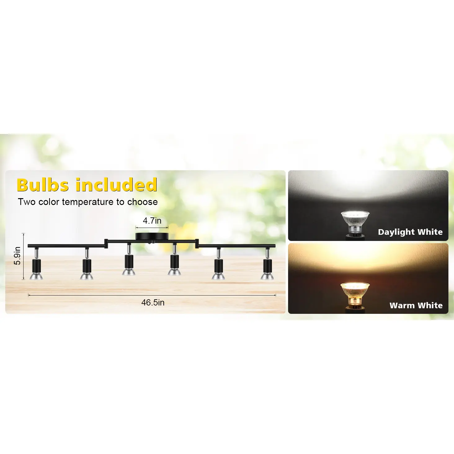 LED 6 Light Track Lighting Kit, 46.5'' Black 6 Way Ceiling Spot Lighting, Flexibly Rotatable Head, Track Light Included 6 x LED GU10 Bulb (4W, Daylight White 5000K, 400LM)