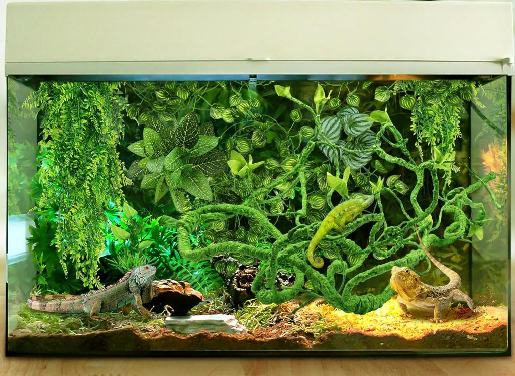 Bearded Dragon Tank Accessories for Habitat, Terrarium Hanging Plants Artificial Leaves Reptile Hide, Leopard Gecko Tank Accessories Hide Terrarium Decor for Lizard Geckos Chameleon Snake