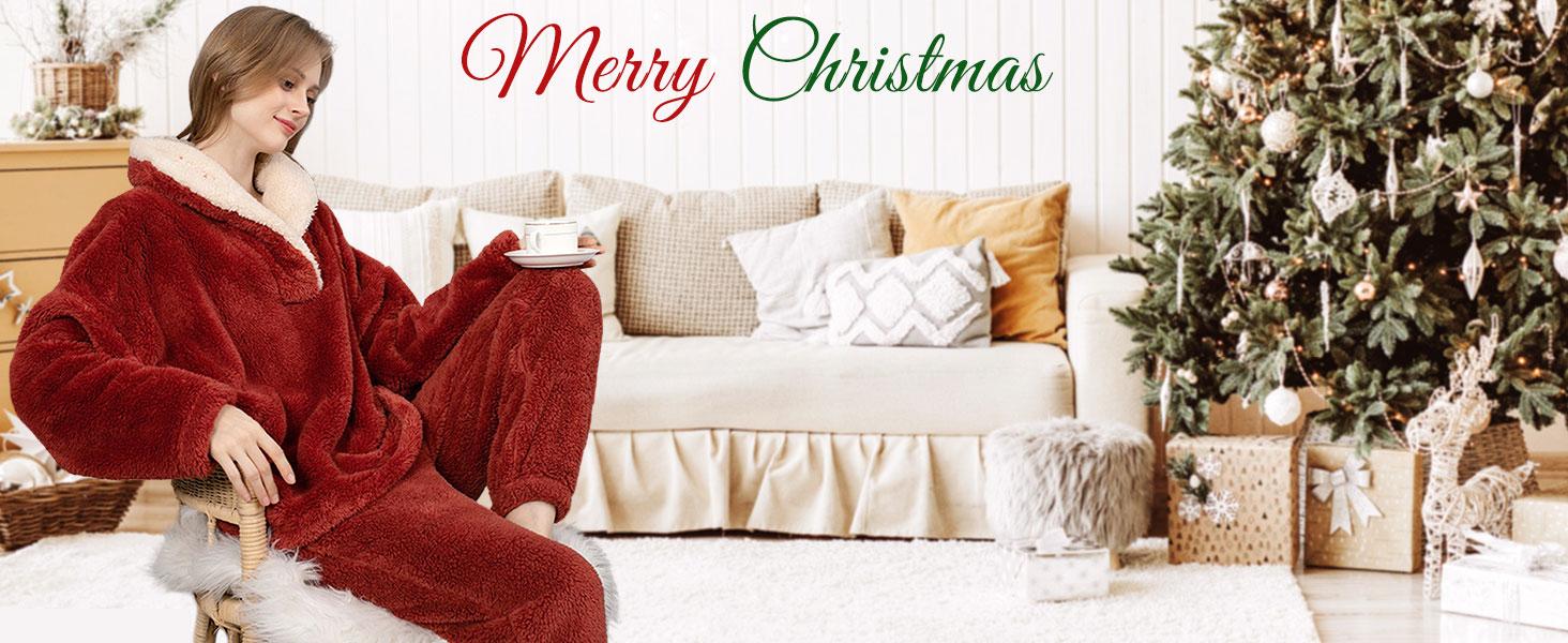 Molitree Women's Fluzzy Sherpa Fleece Pajamas Warm Pullover Lapel Sleepwear Sets Loungewear Pjs