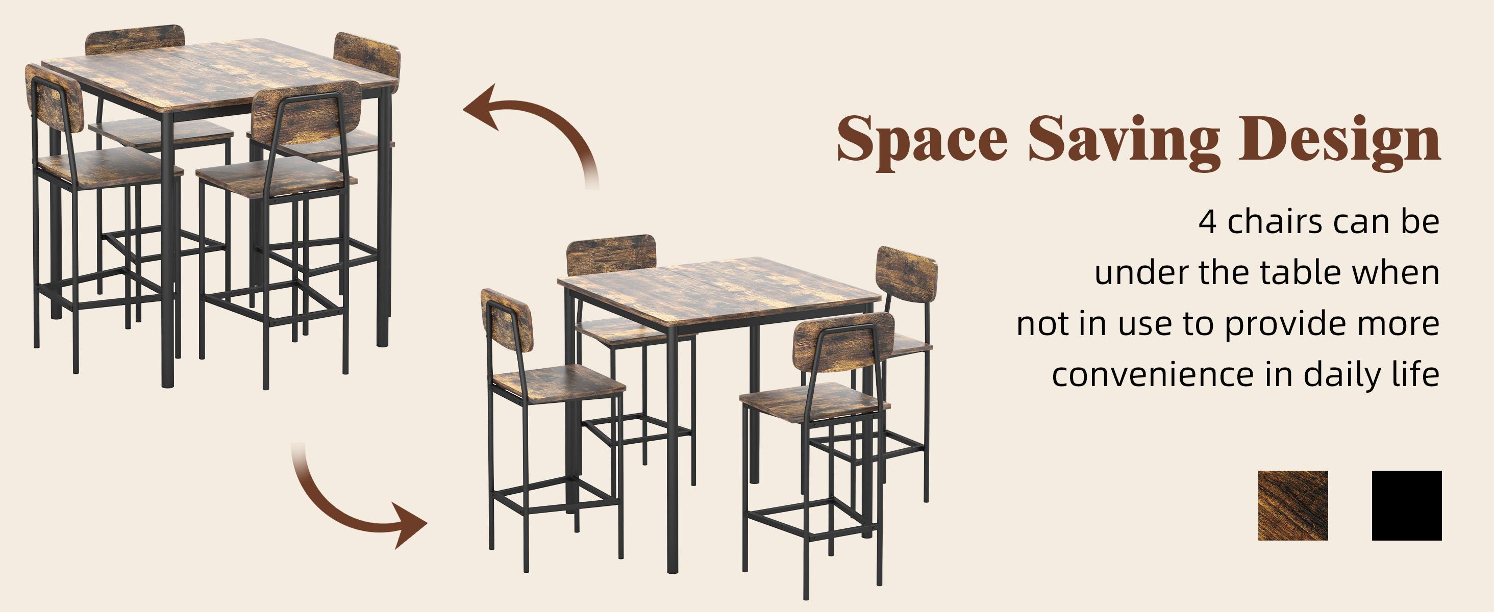 Dining Table Set for 4, Retro Kitchen Table and Chairs Set for 4, Metal Frame, Space-Saving Table and Chairs Set of 4 for Small Place, Living Room, Breakfast Nook