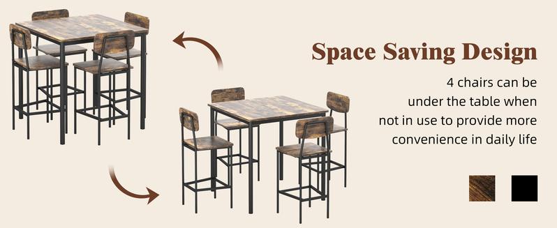 Dining Table Set for 4, Retro Kitchen Table and Chairs Set for 4, Metal Frame, Space-Saving Table and Chairs Set of 4 for Small Place, Living Room, Breakfast Nook