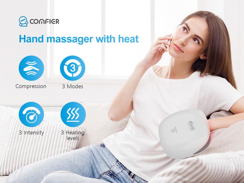 COMFIER Hand Massager with Heat, Rechargeable Hand Massager Machine for Carpal Tunnel, 3 Levels Compression & Heating, Ideal Gifts for Women