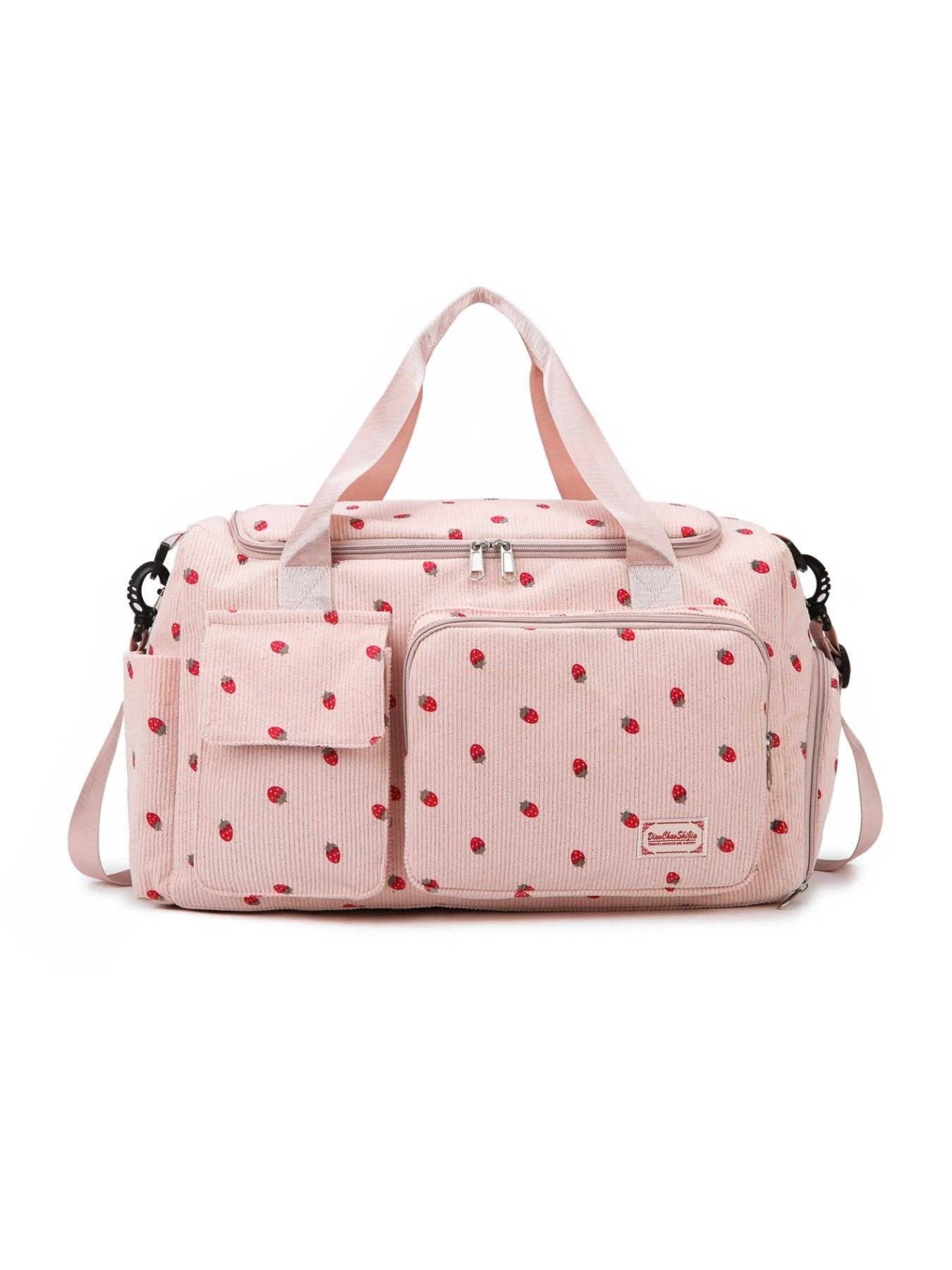 Strawberry Corduroy Handbag, Sweet Cute Style, Multi-Pocket Large Capacity, Crossbody Bag, Girl Short Trip Gym Commute Backpack