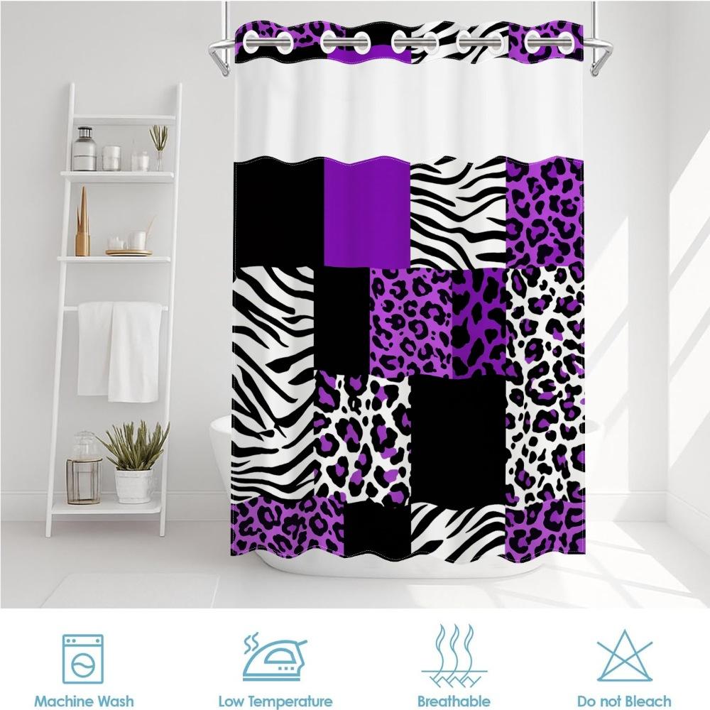 1pc hookless shower curtain with buckle lining, purple, black, white, leopard and zebra print patchwork design, 2D flat printing, waterproof fabric lining, see-through double-layer shower curtain, 71 x 74 inches, modern home draping curtain.