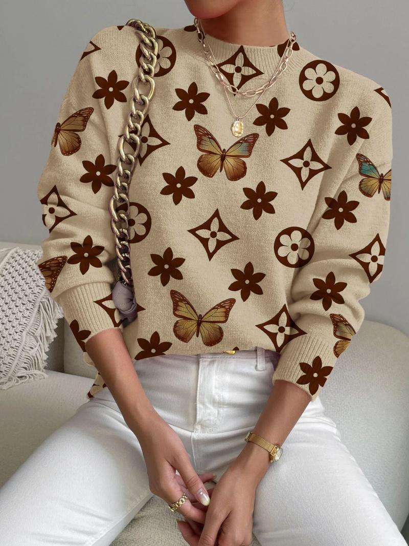 Women's Geometric Pattern Stand Collar Sweater, Fall Winter Casual Long Sleeve Knitwear, Comfortable Warm Daily Wear