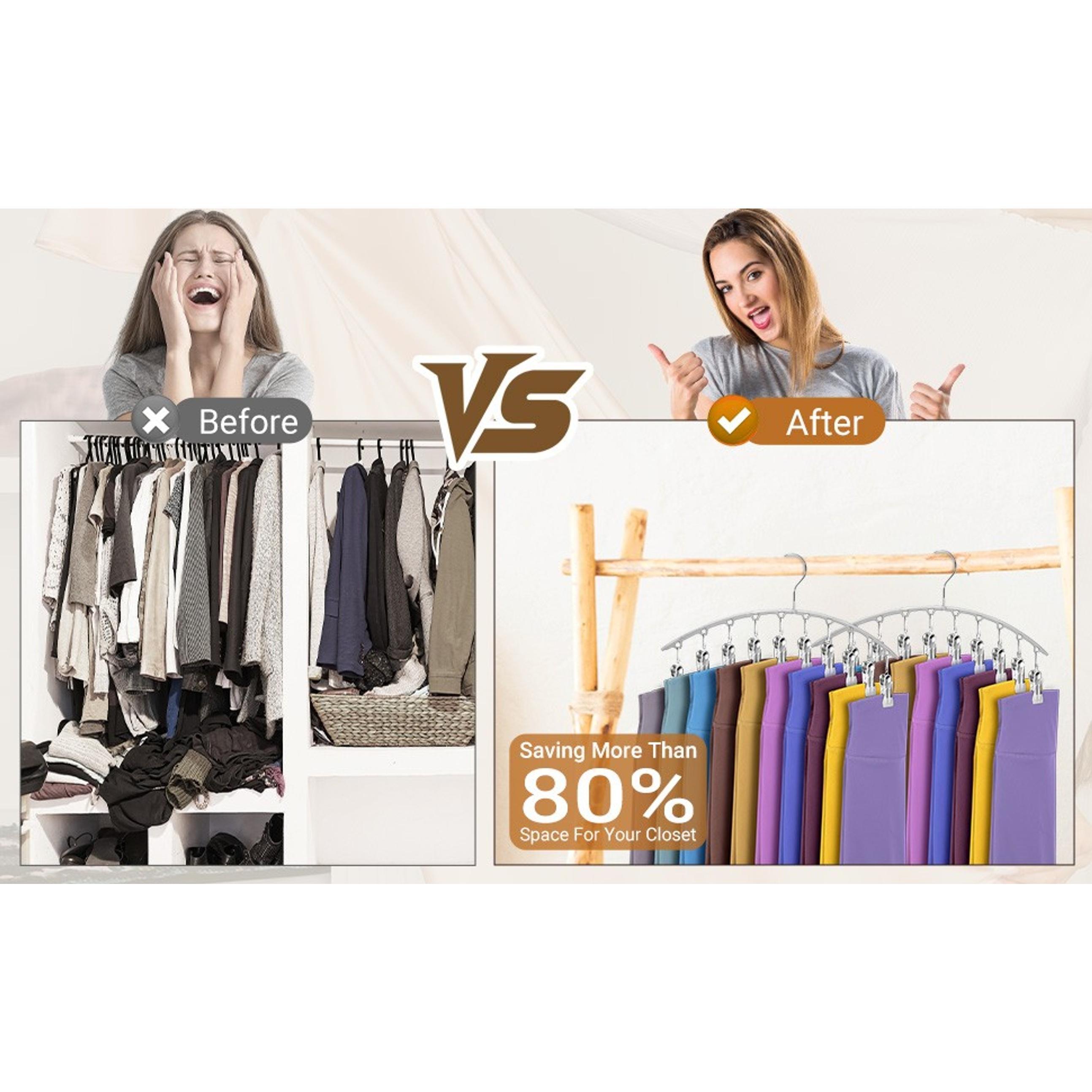 Metal Legging Organizer Hangers for Closet Room, 2-Pack with 10 Clips Holds 20 Items, Space-Saving Storage for Pants, Shorts, Scarves, Hats (Black), Hanging