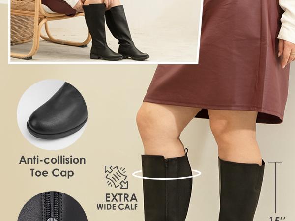 Women's Extra Wide Calf Knee High Boots with Side Zipper and Stretch Panel