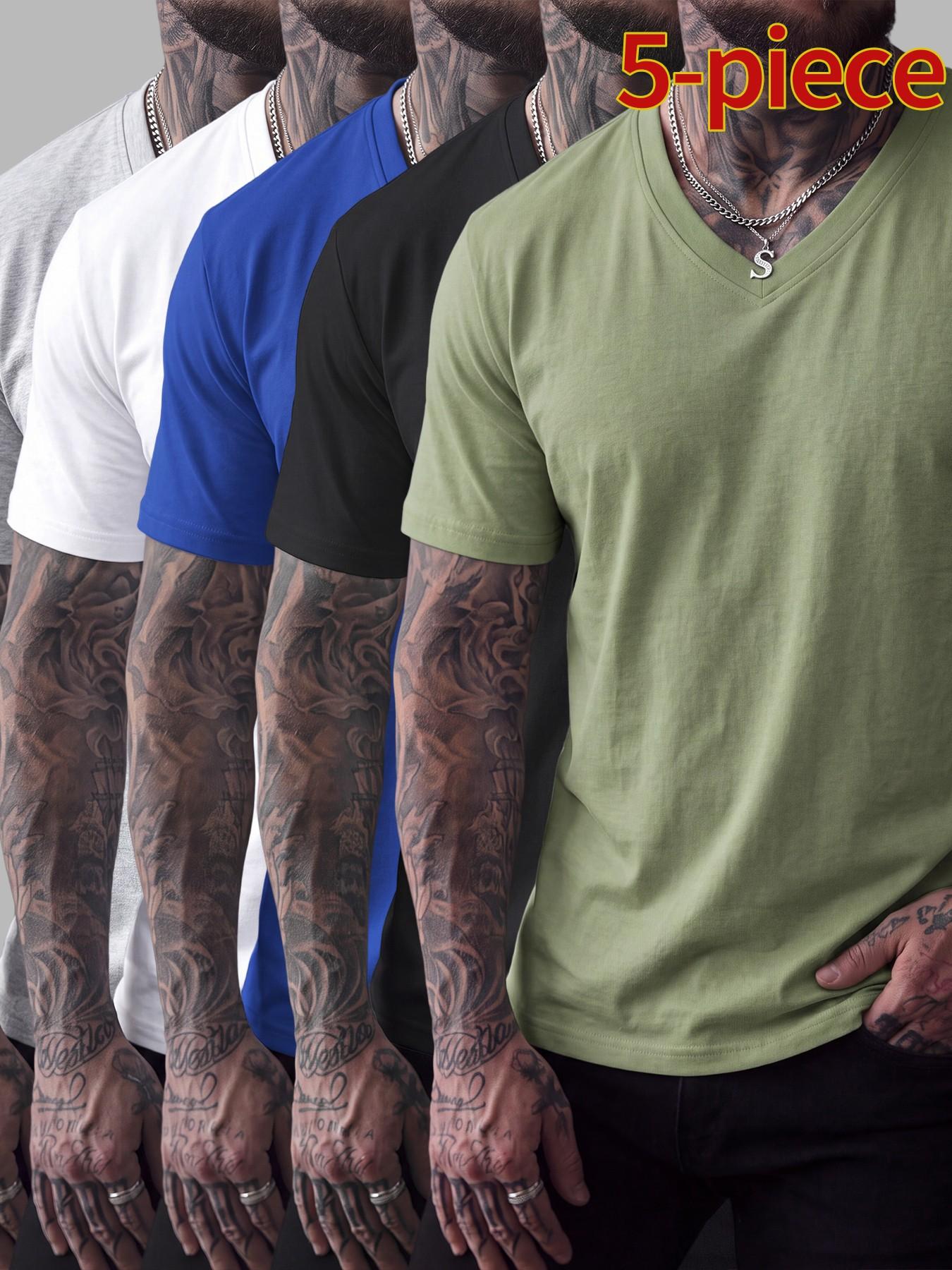 5-Pack Men's Slim Fit Cotton V-Neck T-Shirts, Casual Classic Short Sleeve Basic Daily Wear, Comfortable Solid Color Tees, Essential Clothing