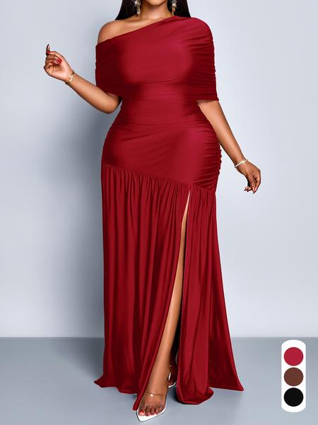 Fashion Party Women Dress Elegant Christmas Robe Solid High Waist Folds Spilt Hem Floor-Length Dresses Half Sleeve Slim Bodycon