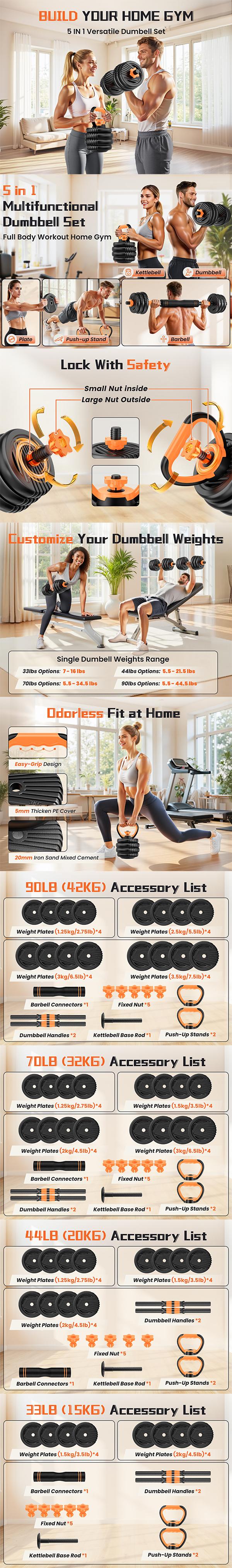 Adjustable Dumbbell Set, 33/44/70/90lbs Multi-forms as Barbell, Kettlebell, Push up Stands and Weight Plates, 5 in1 Versatile Dumbbell Set for Full-body Exercises for Home Gym