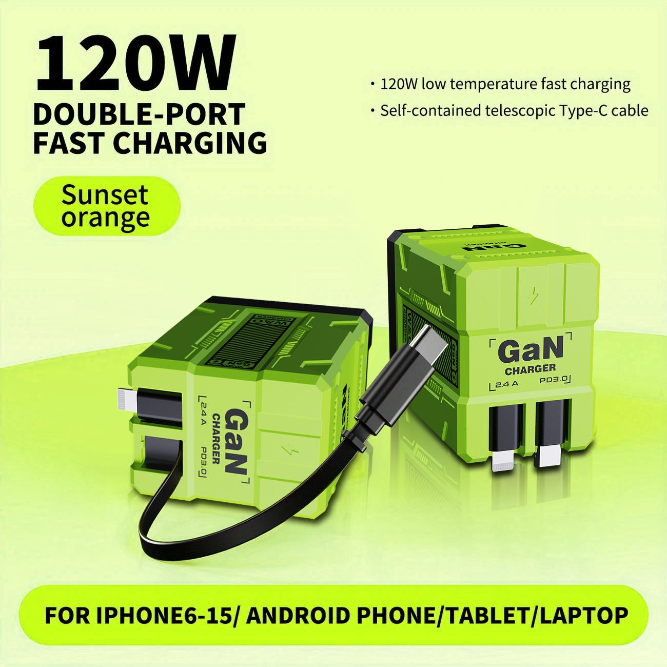 [Buy 1 get 1 free] 2 in 1 GaN Charger 120W Fast Charging Type C Lightning Retractable Wall Foldable Plug for iPhone Samsung Galaxy iPad MacBook Travel Friendly Compact Safe Tech Gift