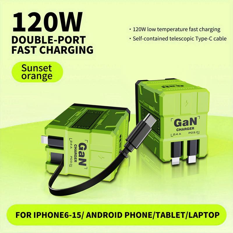 [Buy 1 get 1 free] 2 in 1 GaN Charger 120W Fast Charging Type C Lightning Retractable Wall Foldable Plug for iPhone Samsung Galaxy iPad MacBook Travel Friendly Compact Safe Tech Gift