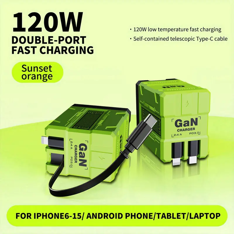 [Buy 1 Get 1 Free Product] 120W GaN Aluminum Super Fast Charger - 2-in-1 Retractable Foldable Mobile Wall Plug, Dual Ports, Type C/Lightning, Compact Travel-Friendly Safe Phone Accessories, Charger for iPhone, Tech Deals Gift